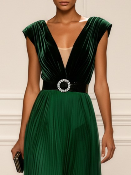Green Ruched Split Joint Velvet V Neck Sleeveless A-Line Maxi Dress
