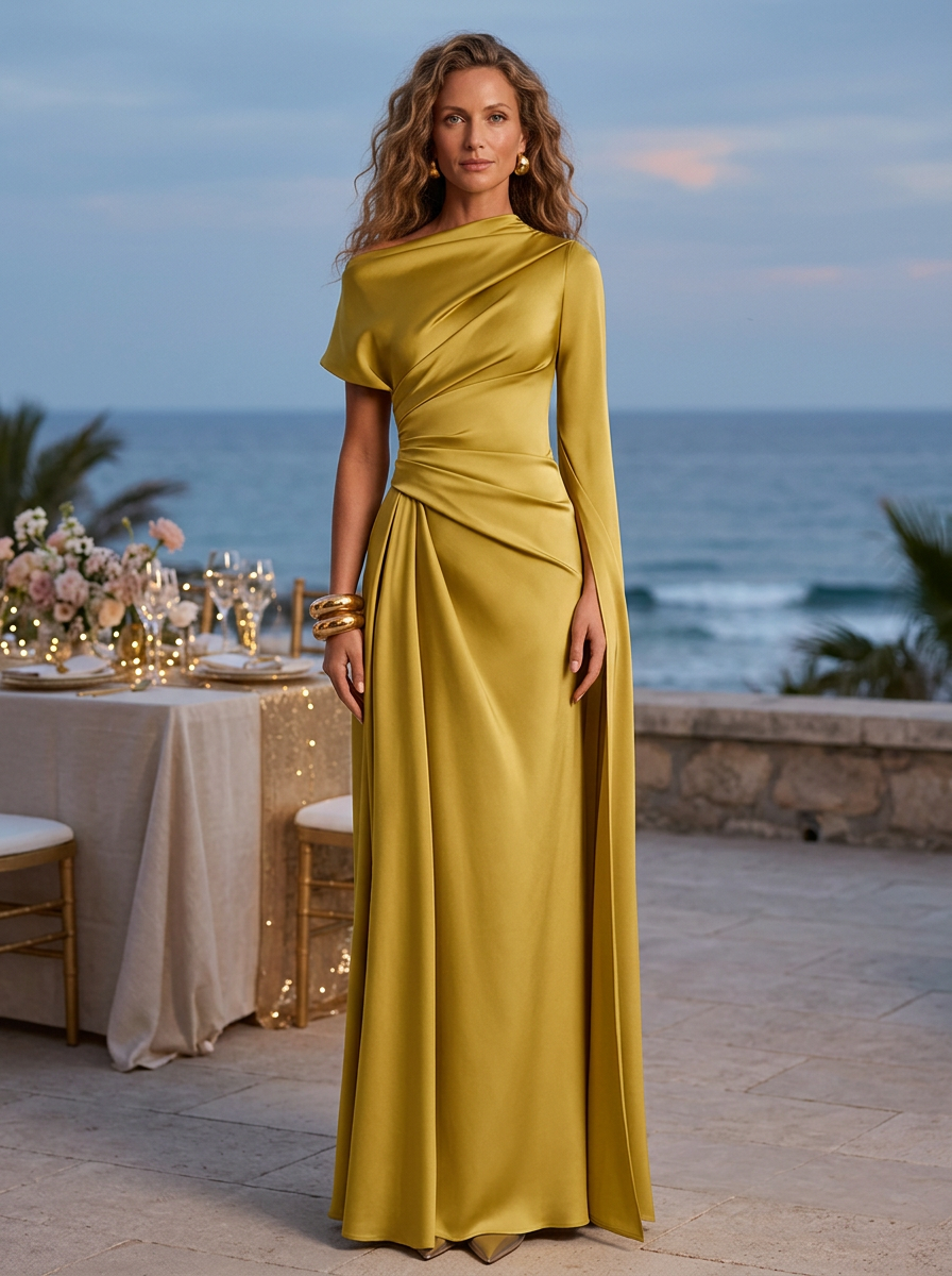 Mustard Asymmetric One-Shoulder Cape Sleeve Draped Waist Sheath Maxi Dress