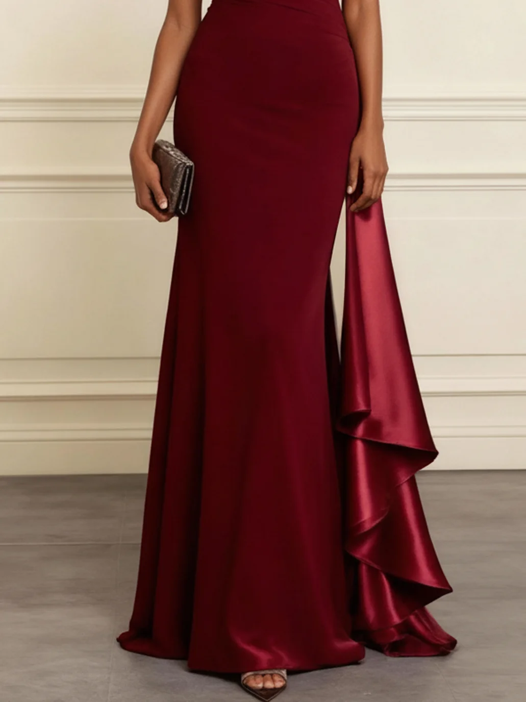 Wine Red Ruffled Classic One Shoulder Short Sleeve Mermaid Maxi Dress