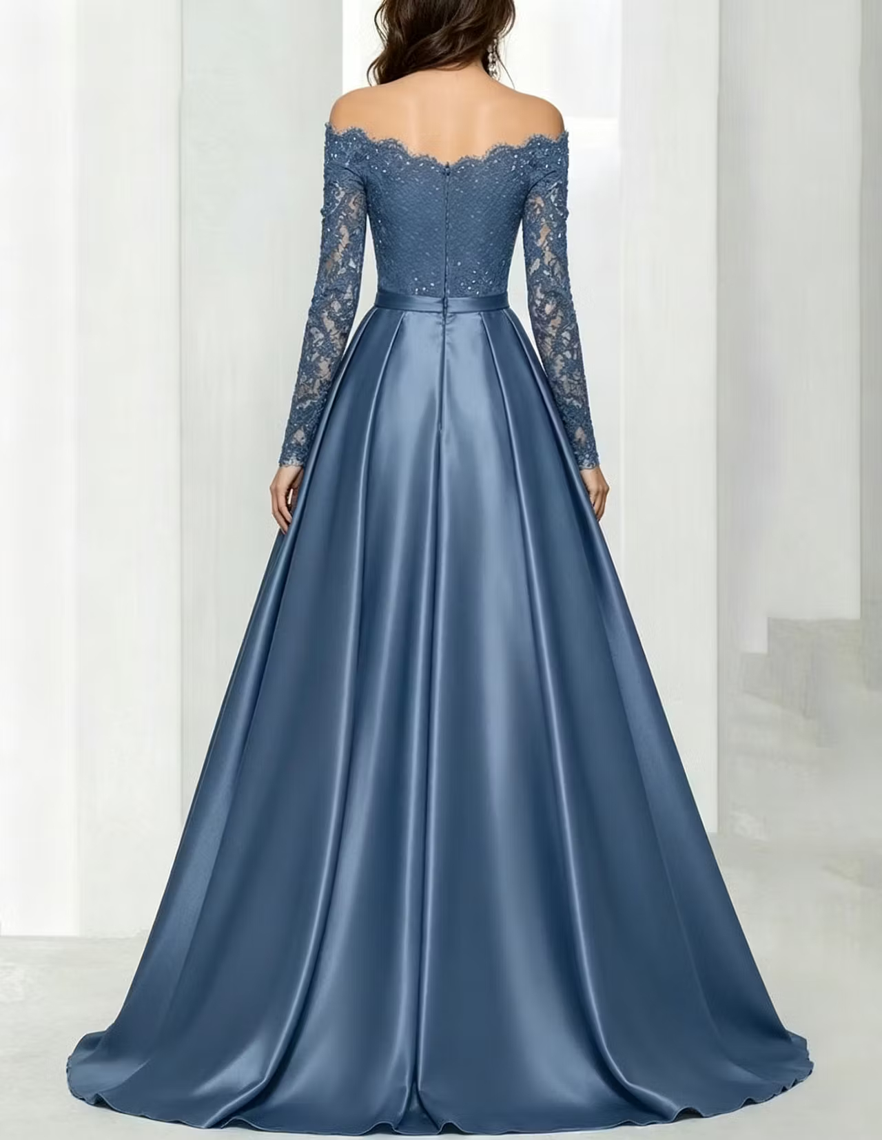Blue Off‑the‑Shoulder Lace Embroidered Satin Long‑Sleeve A‑Line Evening Maxi Dress