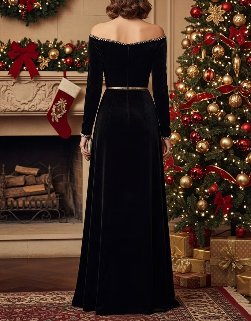 Off Shoulder Velvet Sequin A-Line Formal Maxi Dress
