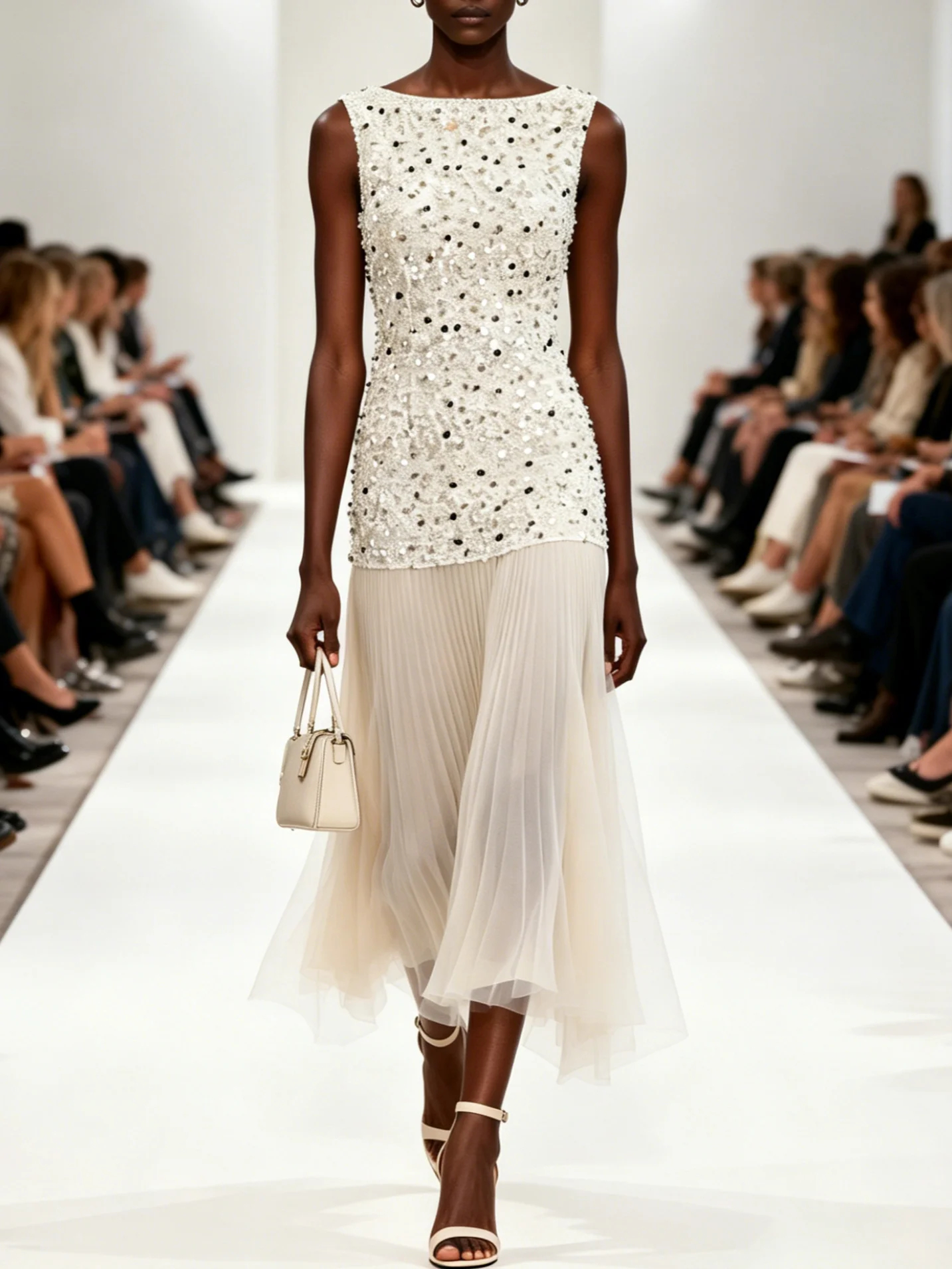 Off White Glitter Pleated Sequin Boat Neck Sleeveless Sheath Midi Dress