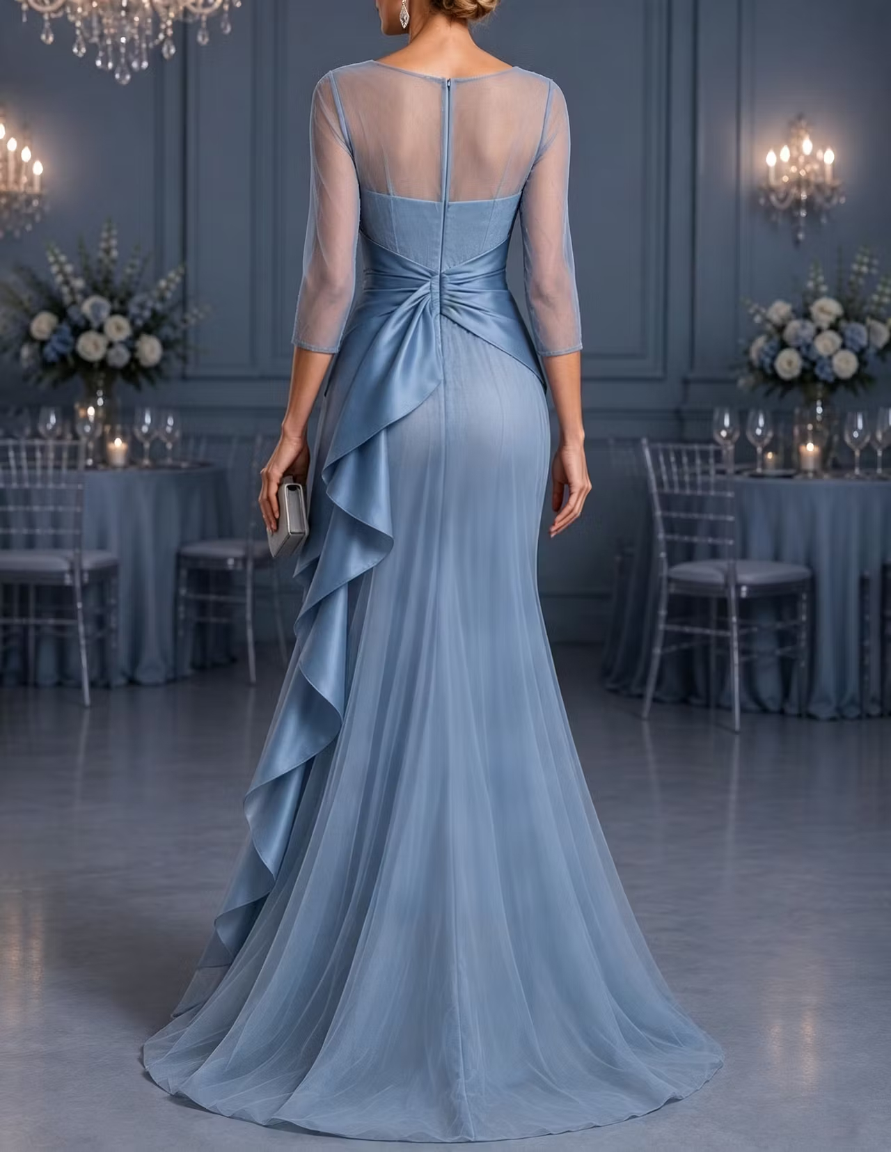 Illusion Round Neck Tulle & Satin Cascading Ruffles 3/4 Sleeve Mermaid Maxi Dress