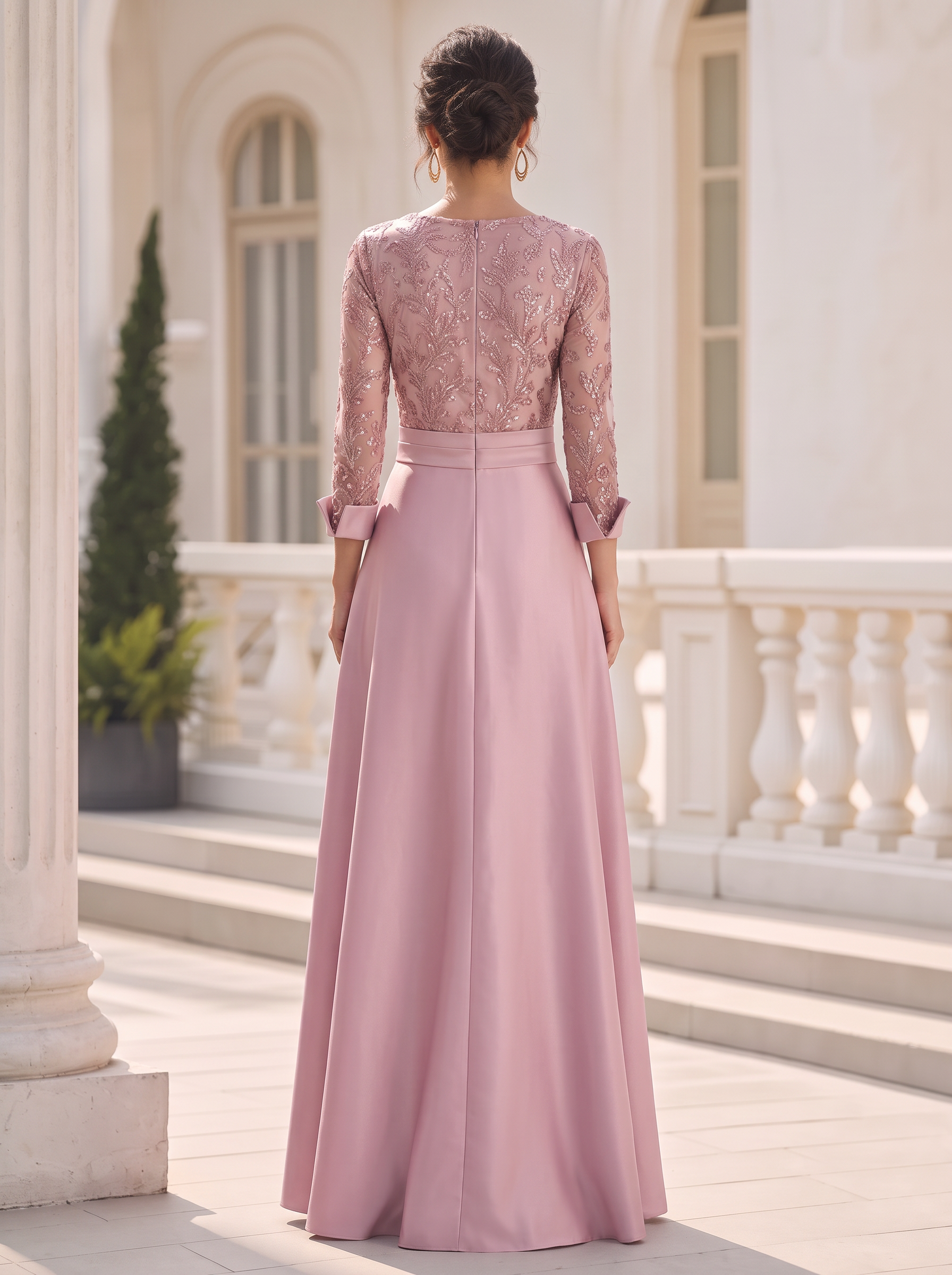Pink Satin & Sequin V-Neck 3D Floral Maxi Dress