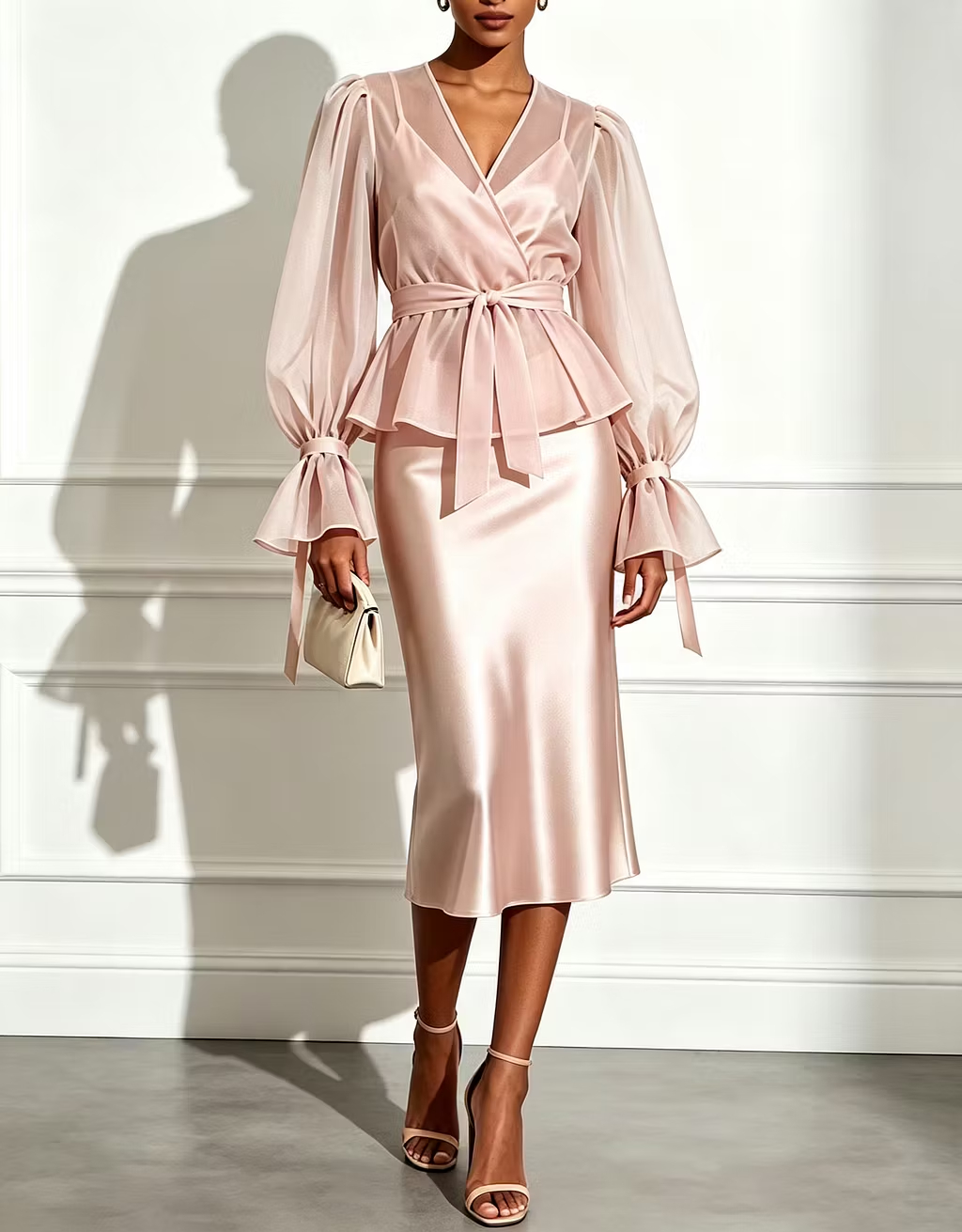Champagne Chiffon Puff‑Sleeve Overlay Top with Belt & Satin Cami Midi Dress