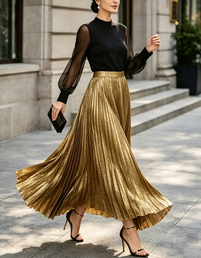 Black Gold High Neck Sheer Long Sleeve Sequin Pleated Tea-Length Dress