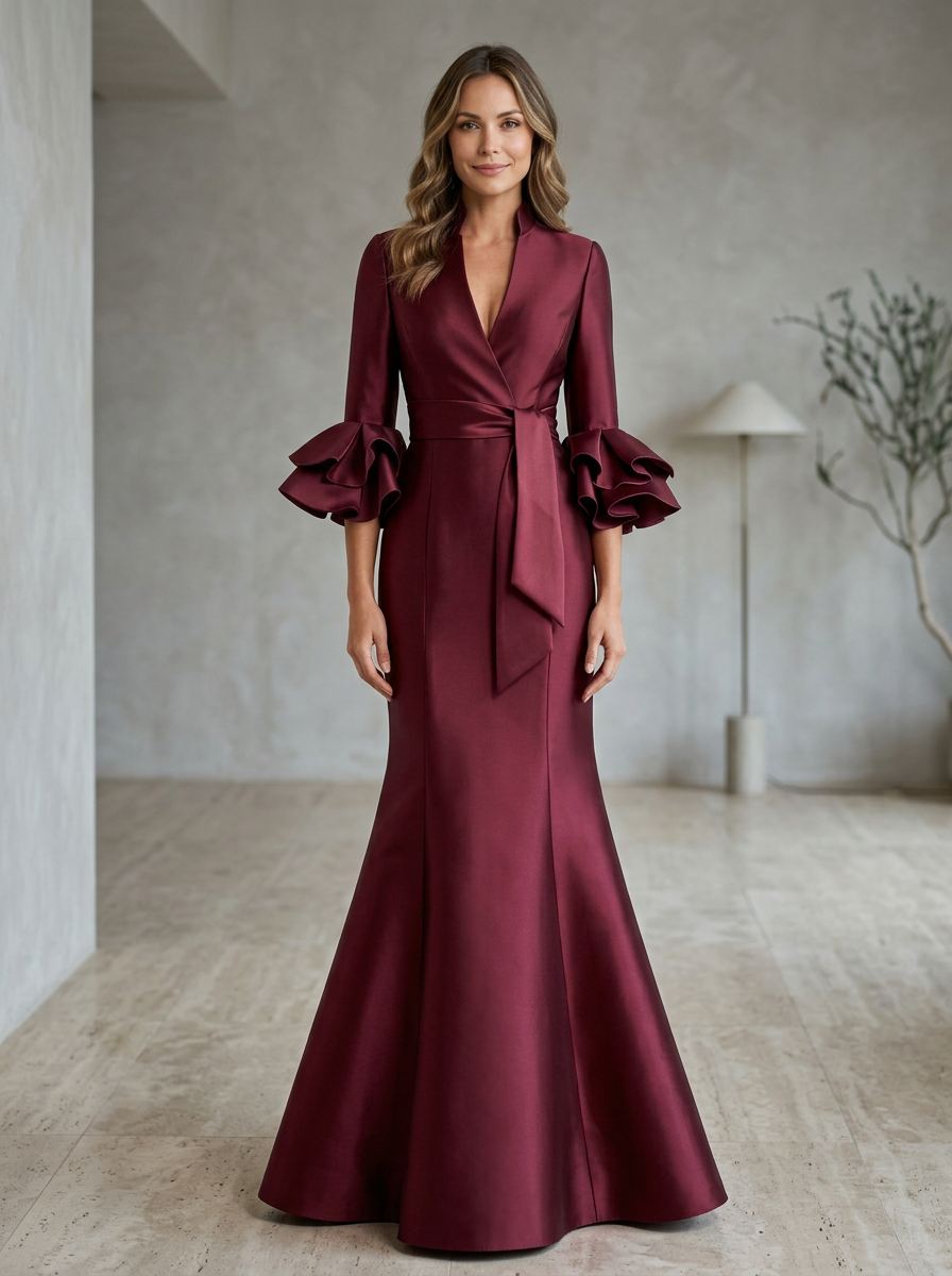 Burgundy Surplice V-Neck Ruffle-Cuff Sash Mermaid Maxi Dress