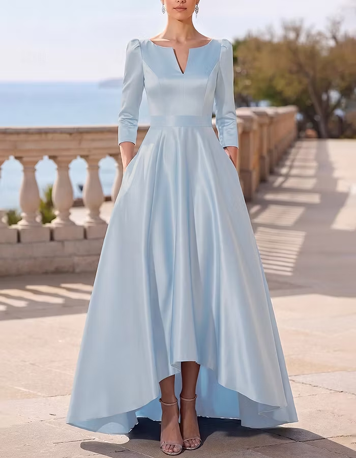 Light Blue Notch V‑Neck Three‑Quarter Sleeve Satin High‑Low A‑Line Maxi Dress