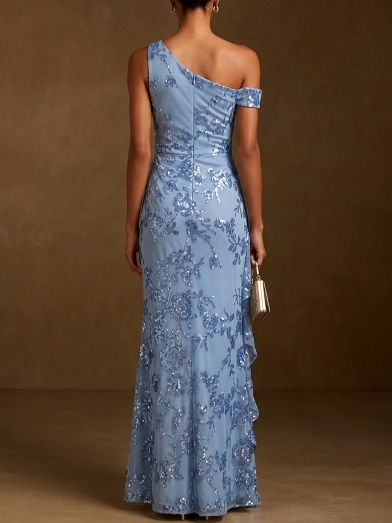 Light Blue Ruffled Sequin Asymmetrical Collar Short Sleeve Mermaid Gown Dress $179