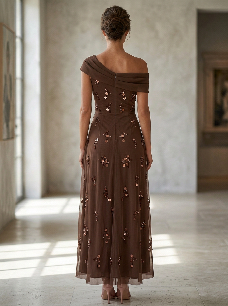 Coffee One-Shoulder Rose Detail Sequin High-Low Maxi Dress