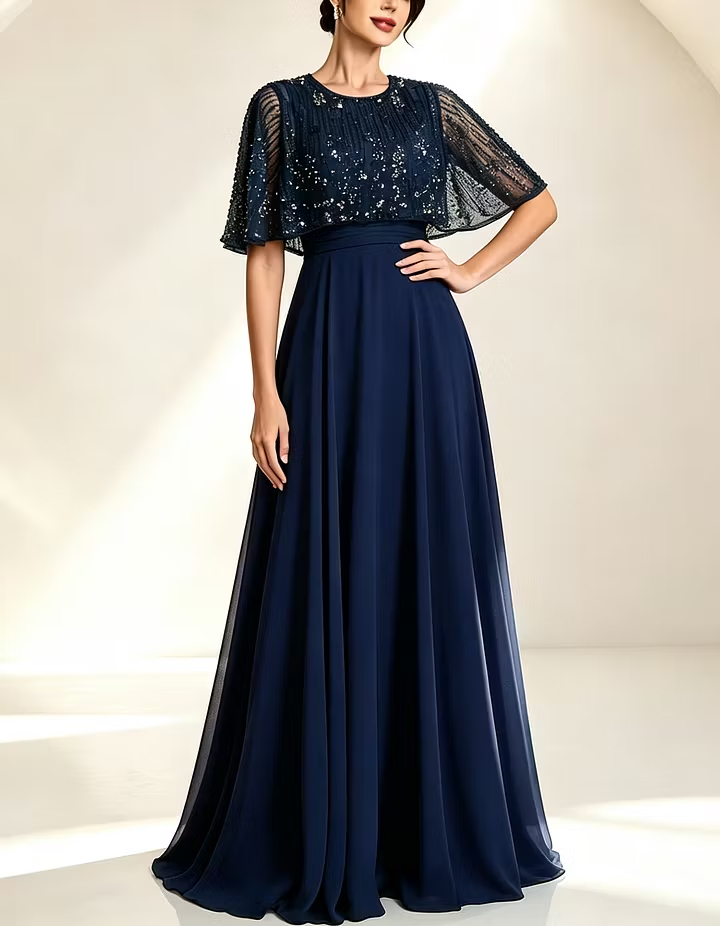 Emerald Green Sequin Beaded Cape Sleeve Round Neck Chiffon A-Line Maxi Dress
