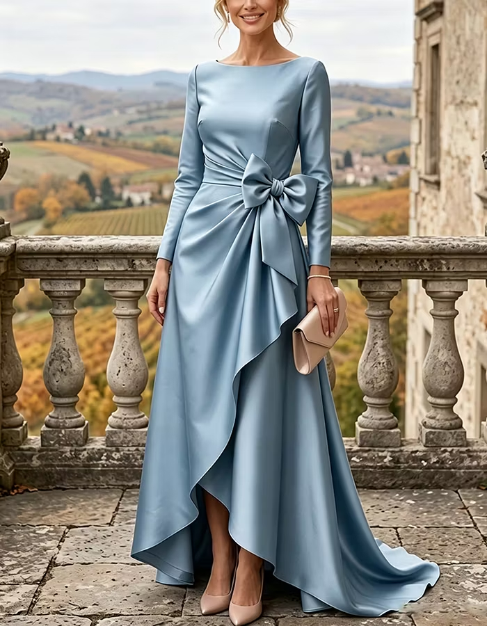Satin Bateau Neck Bow Ruffle High Low Maxi Dress