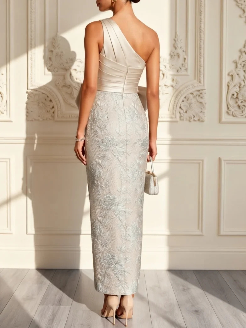 Off White Jacquard Bow Satin One Shoulder Sleeveless Sheath Maxi Dress