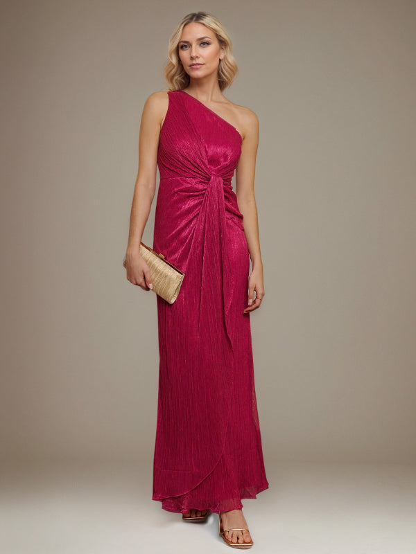 Fuchsia Chiffon One Shoulder Sleeveless Floor Length Pleated Dress
