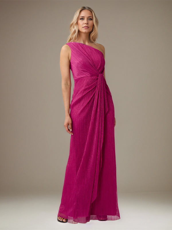 Fuchsia Chiffon One Shoulder Sleeveless Floor Length Pleated Dress