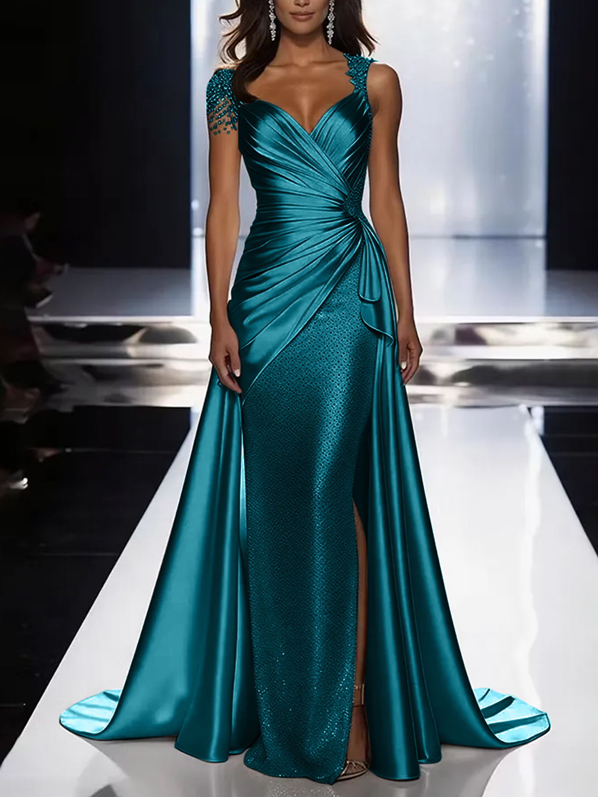 Silver Grey Deep V-Neck Draped Satin Metallic Mermaid Maxi Dress