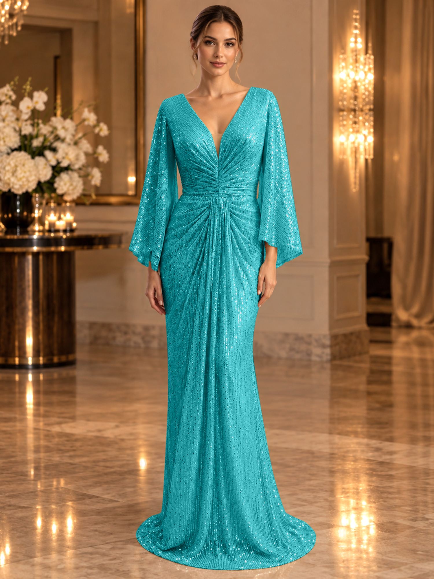 Gold Sequined V Neck Flare Sleeve Mermaid Maxi Dress