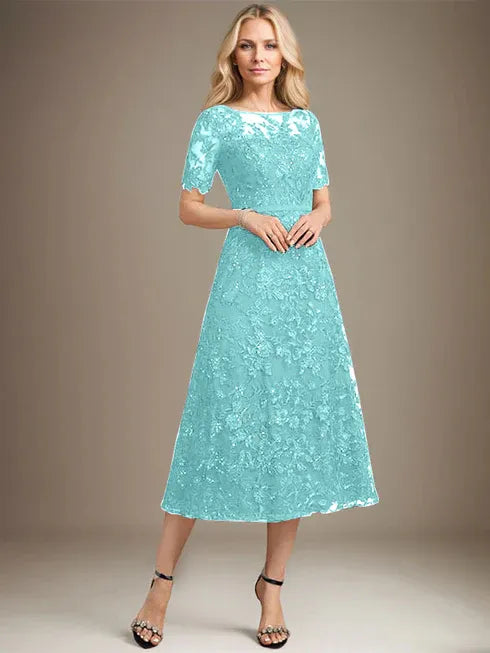 A-line Scoop Illusion Tea-Length Lace Mother of the Bride Dress With Sequins