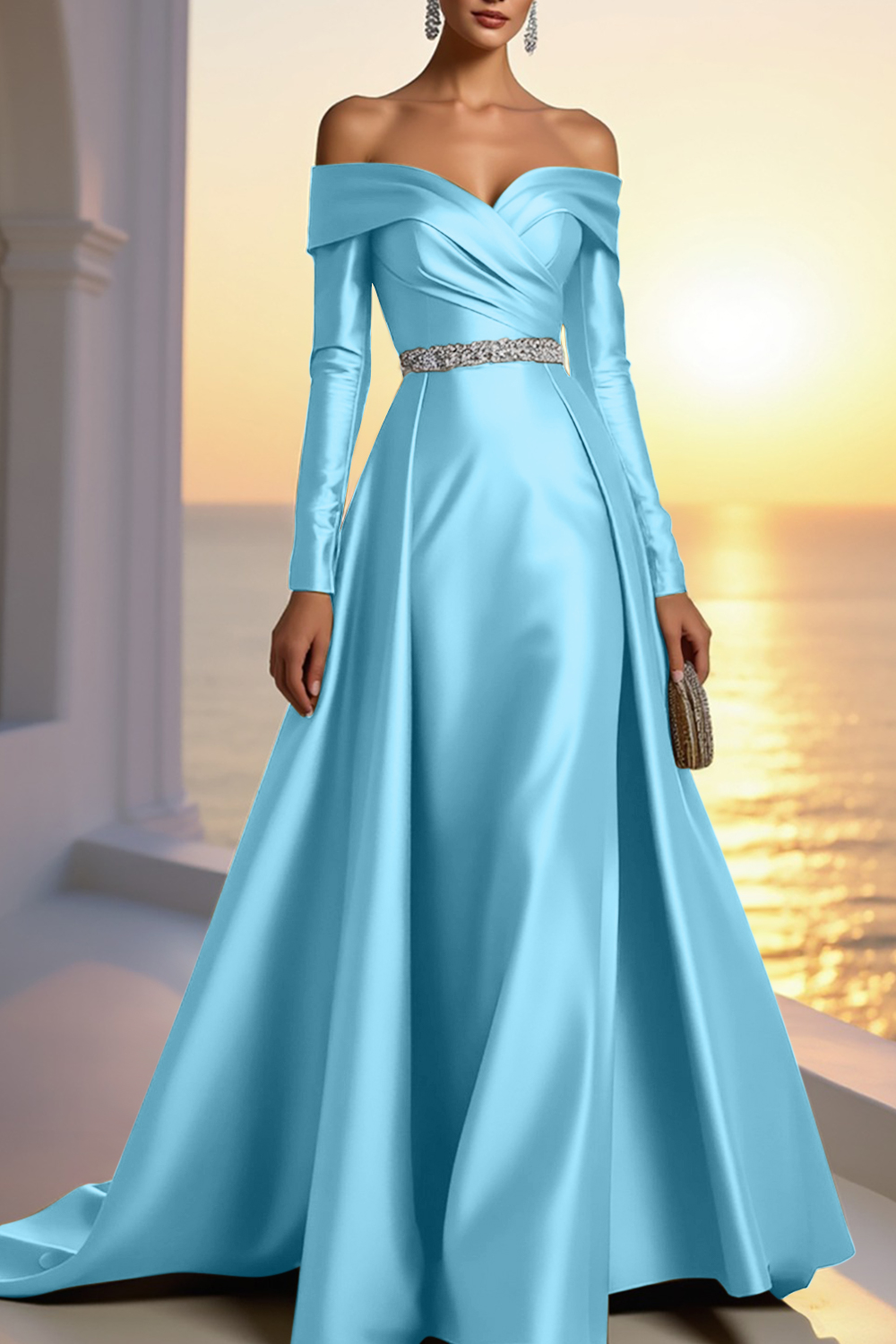 Formal Gold Satin Dress Off The Shoulder Long Sleeve Maxi Gown