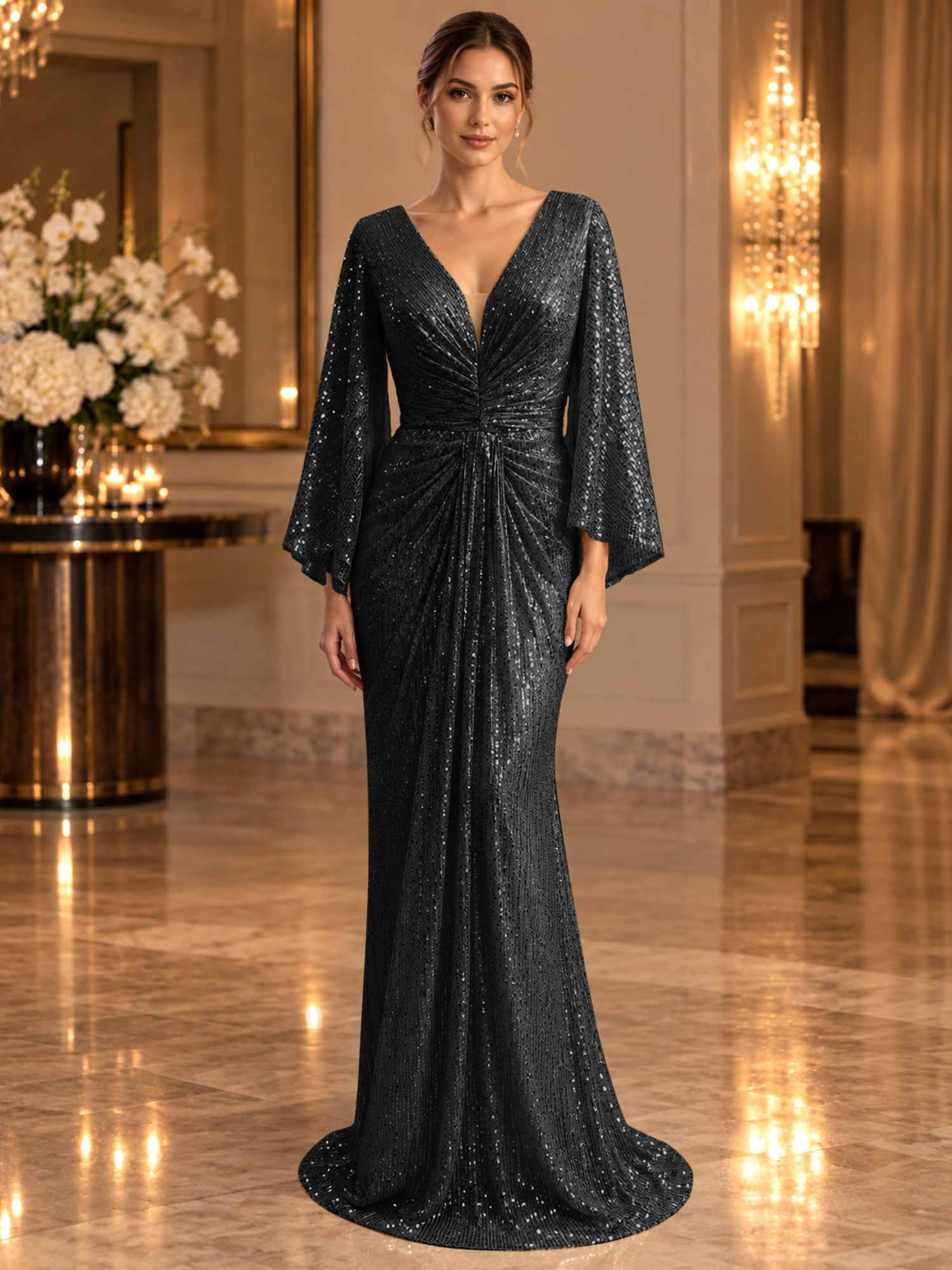 Gold Sequined V Neck Flare Sleeve Mermaid Maxi Dress