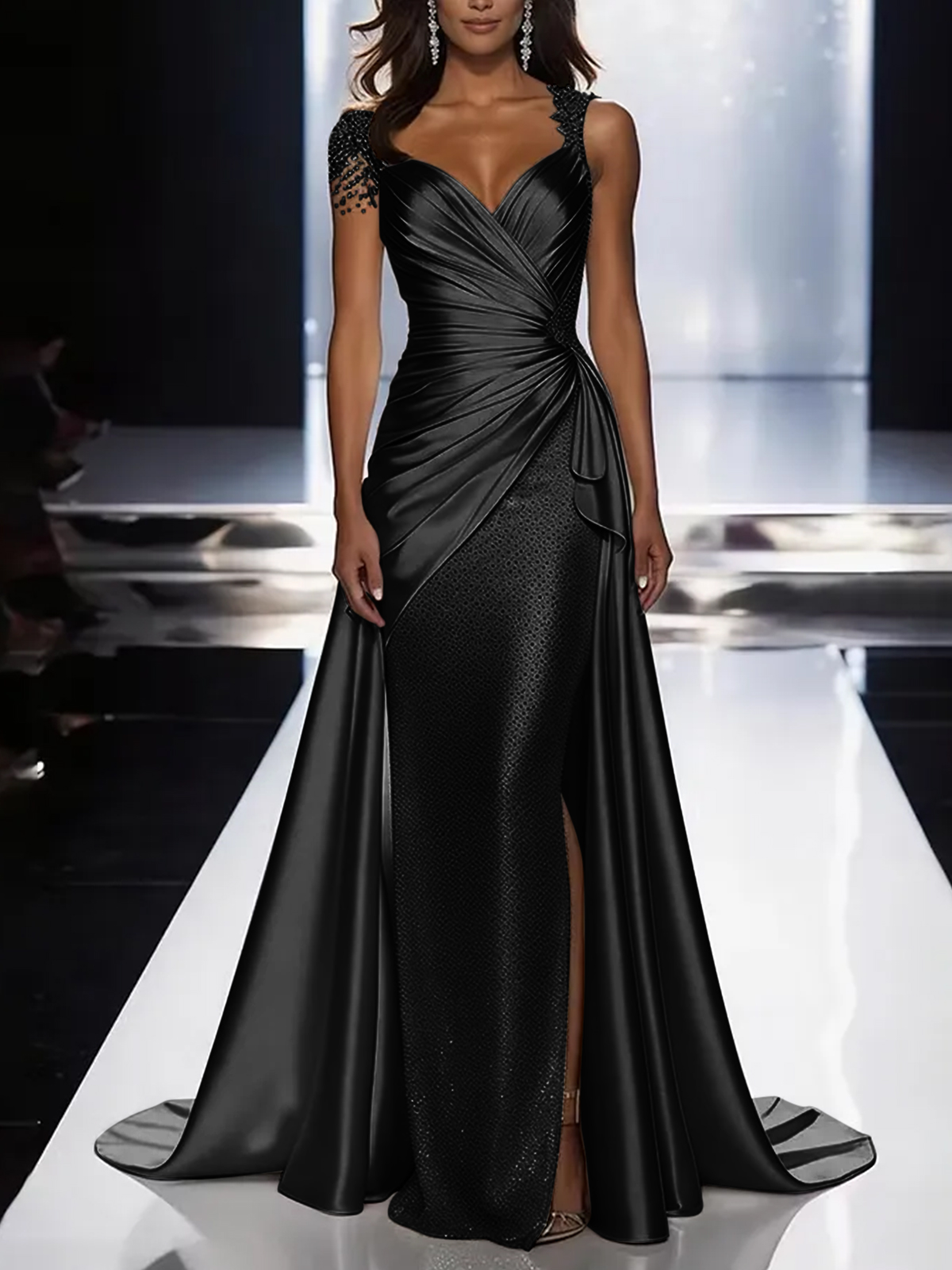 Silver Grey Deep V-Neck Draped Satin Metallic Mermaid Maxi Dress