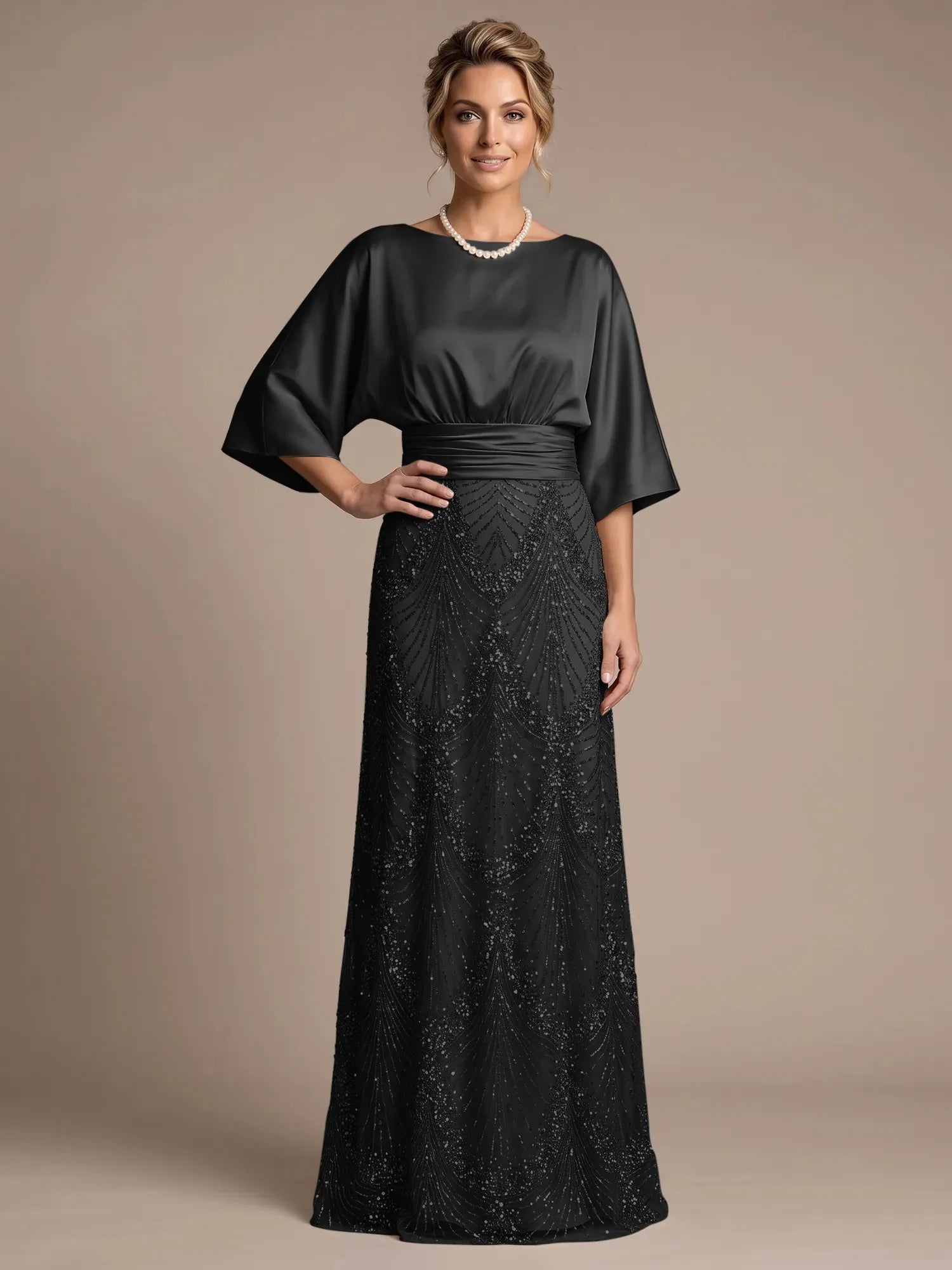 Champagne Bateau Neck Satin 3/4 Batwing Sleeves Maxi Dress