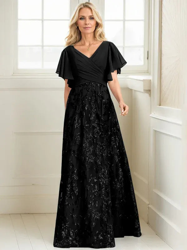 A-line V-Neck Floor-Length Lace Sequin Chiffon Mother of the Bride Dress With Pleated