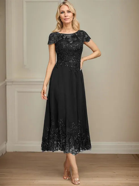 A-line Illusion Scoop Tea-Length Lace Chiffon Mother of the Bride Dress With Sequins