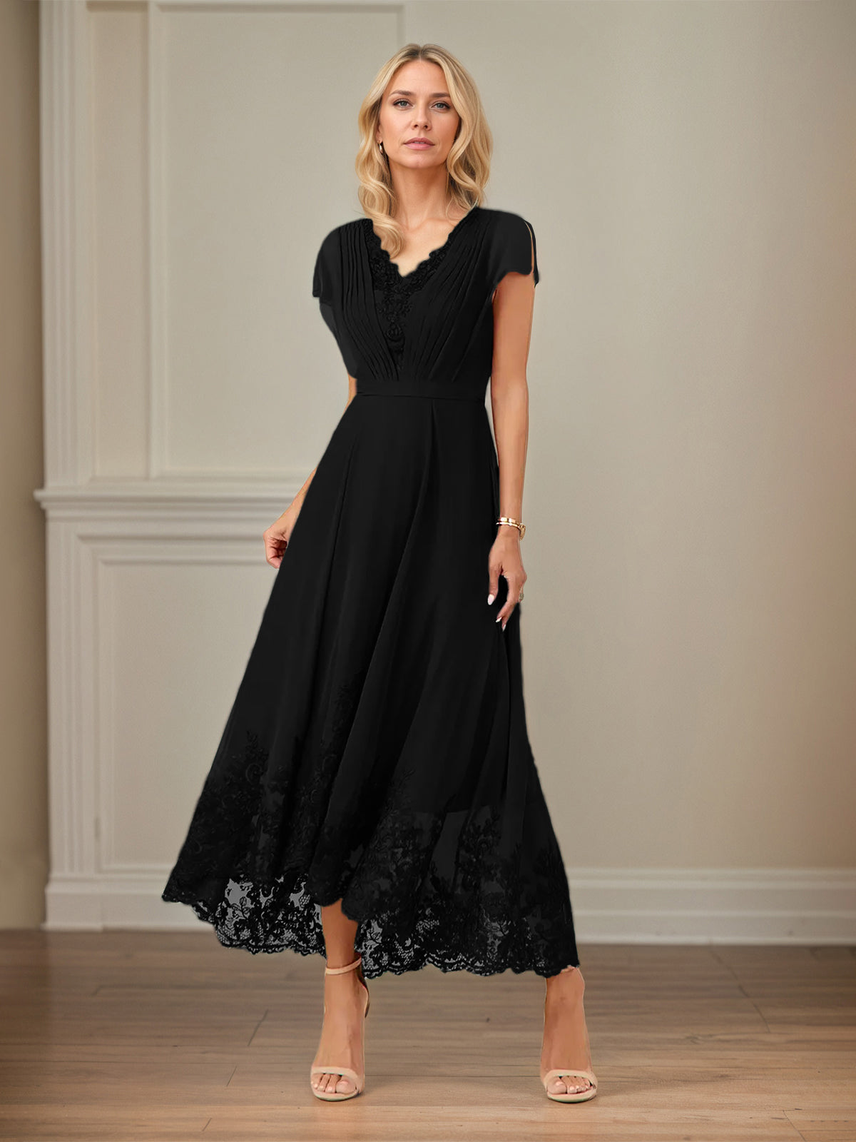 A Line V Neck Flutter Sleeve Ankle Length Chiffon Dress With Appliques