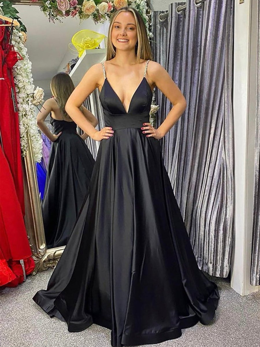 Black A Line  Deep V Neck Satin Long Prom Dress