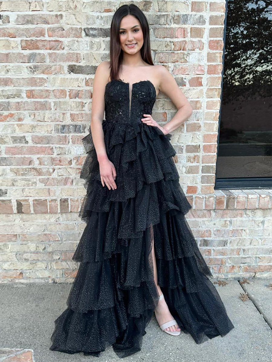 Black A Line Strapless Tiered Tulle Long Prom Dress with Appliques