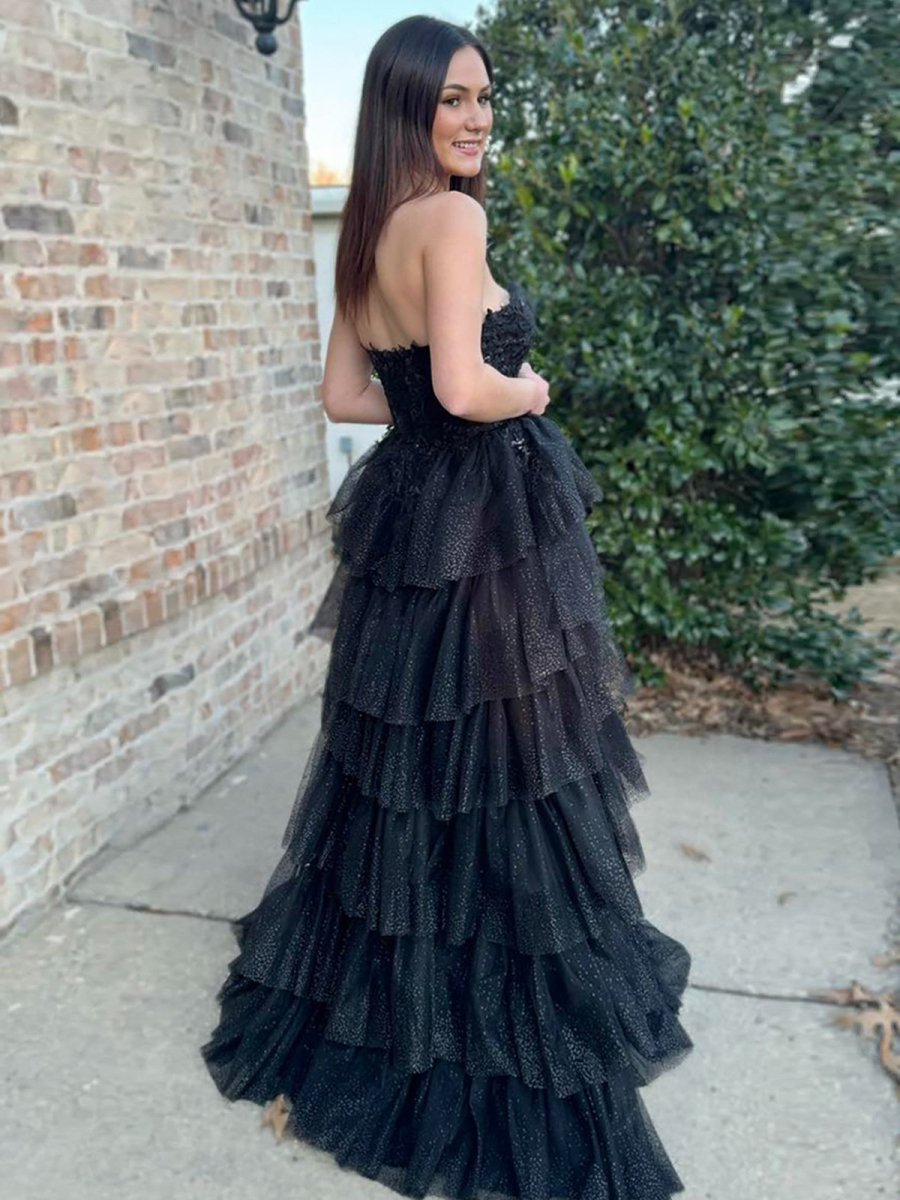 Black A Line Strapless Tiered Tulle Long Prom Dress with Appliques