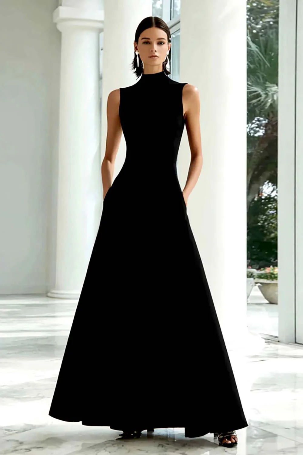 Black and White A-Line High Neck Long Formal Dress