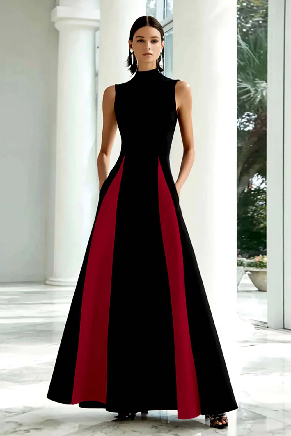 Black and White A-Line High Neck Long Formal Dress