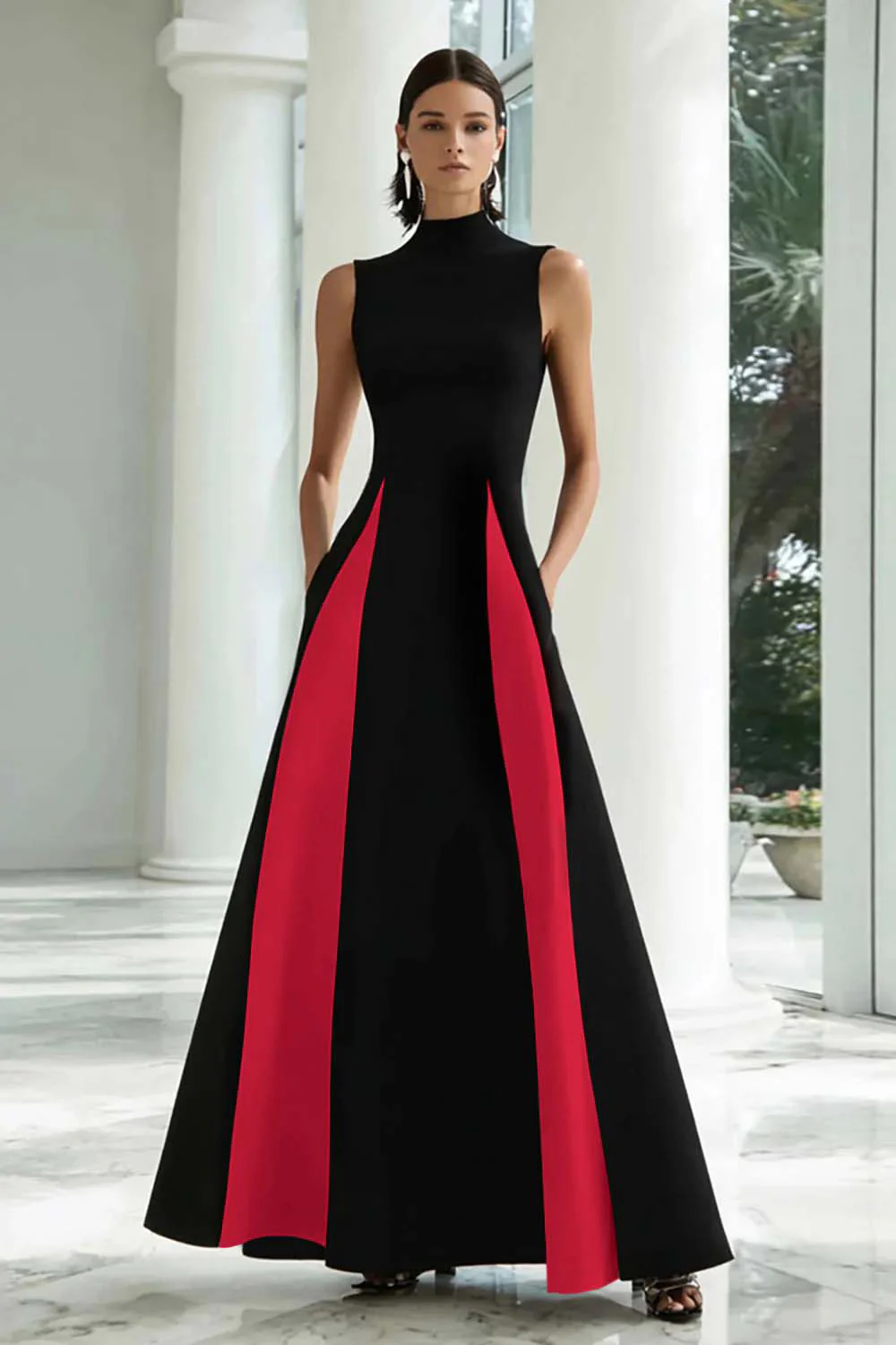Black and White A-Line High Neck Long Formal Dress