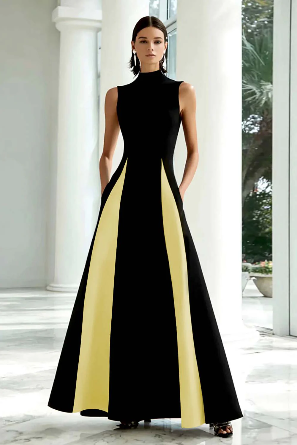 Black and White A-Line High Neck Long Formal Dress