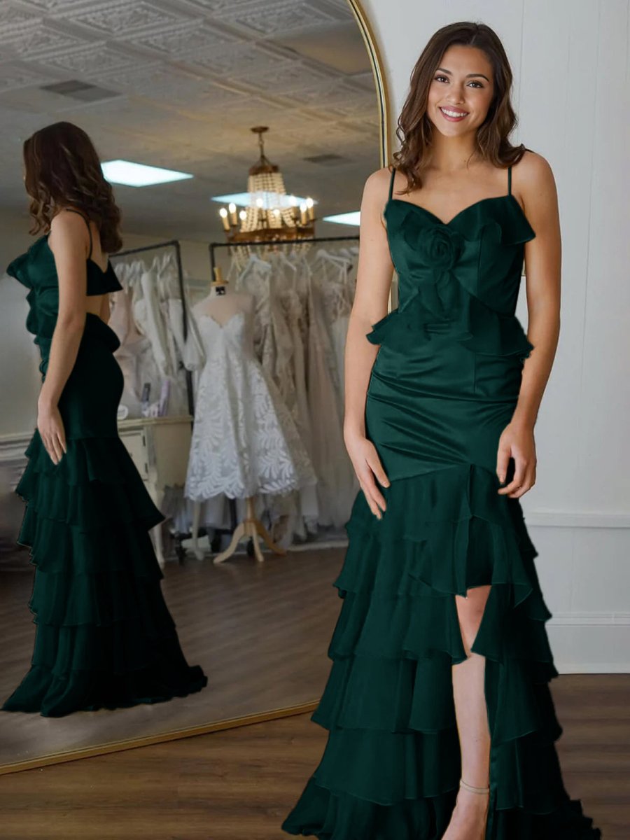 Yellow Mermaid Ruffle Chiffon Long Prom Dress with Flower