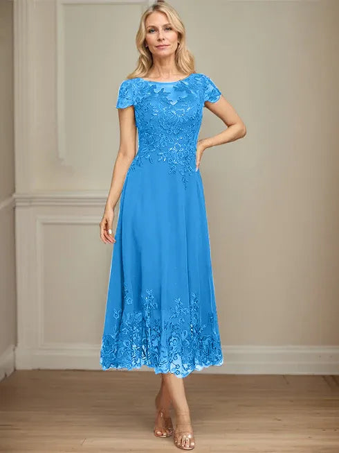 A-line Illusion Scoop Tea-Length Lace Chiffon Mother of the Bride Dress With Sequins