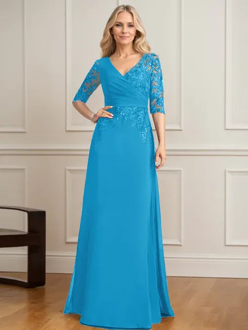 A-line V-Neck Floor-Length Lace Chiffon Mother of the Bride Dress With Pleated Sequins