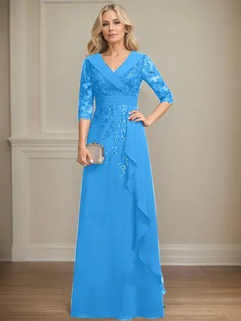 A-line Collared V-Neck Floor-Length Lace Chiffon Mother of the Bride Dress With Sequins Cascading Ruffles