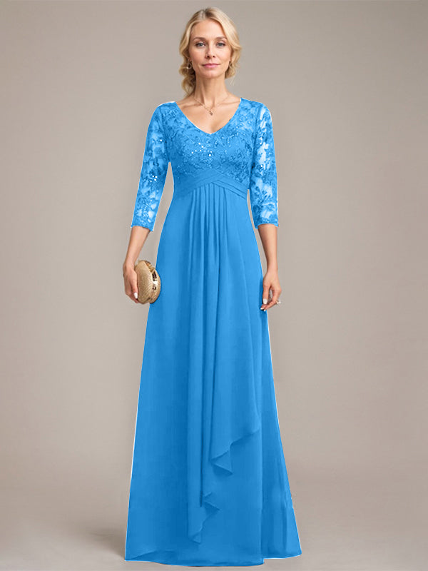 A-line V-Neck Floor-Length Lace Chiffon Mother of the Bride Dress With Cascading Ruffles Sequins
