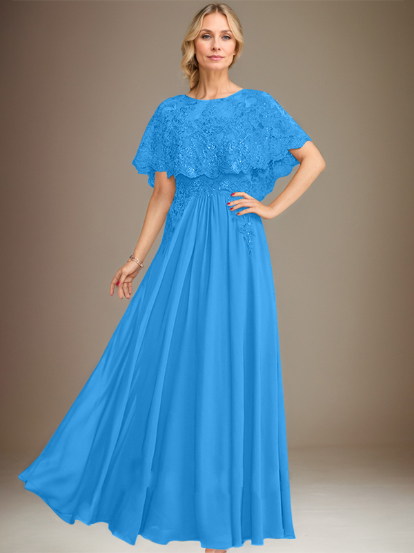 A-line Boat Neck Floor-Length Lace Chiffon Mother of the Bride Dress With Applique Sequins