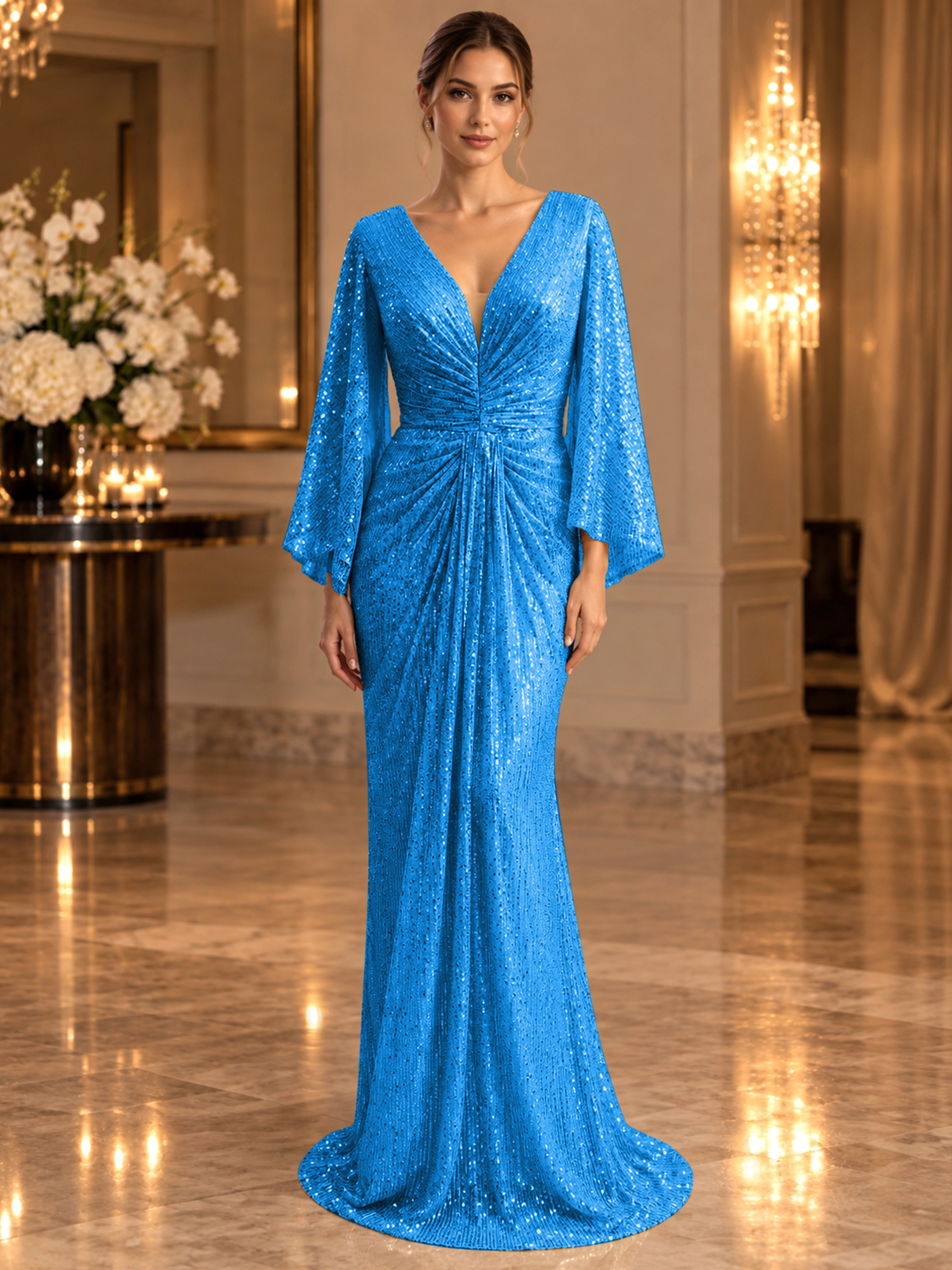 Gold Sequined V Neck Flare Sleeve Mermaid Maxi Dress