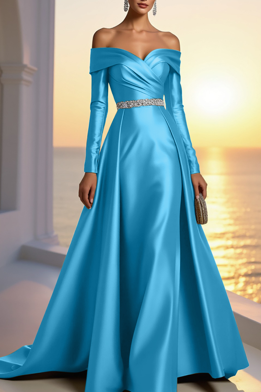 Formal Gold Satin Dress Off The Shoulder Long Sleeve Maxi Gown