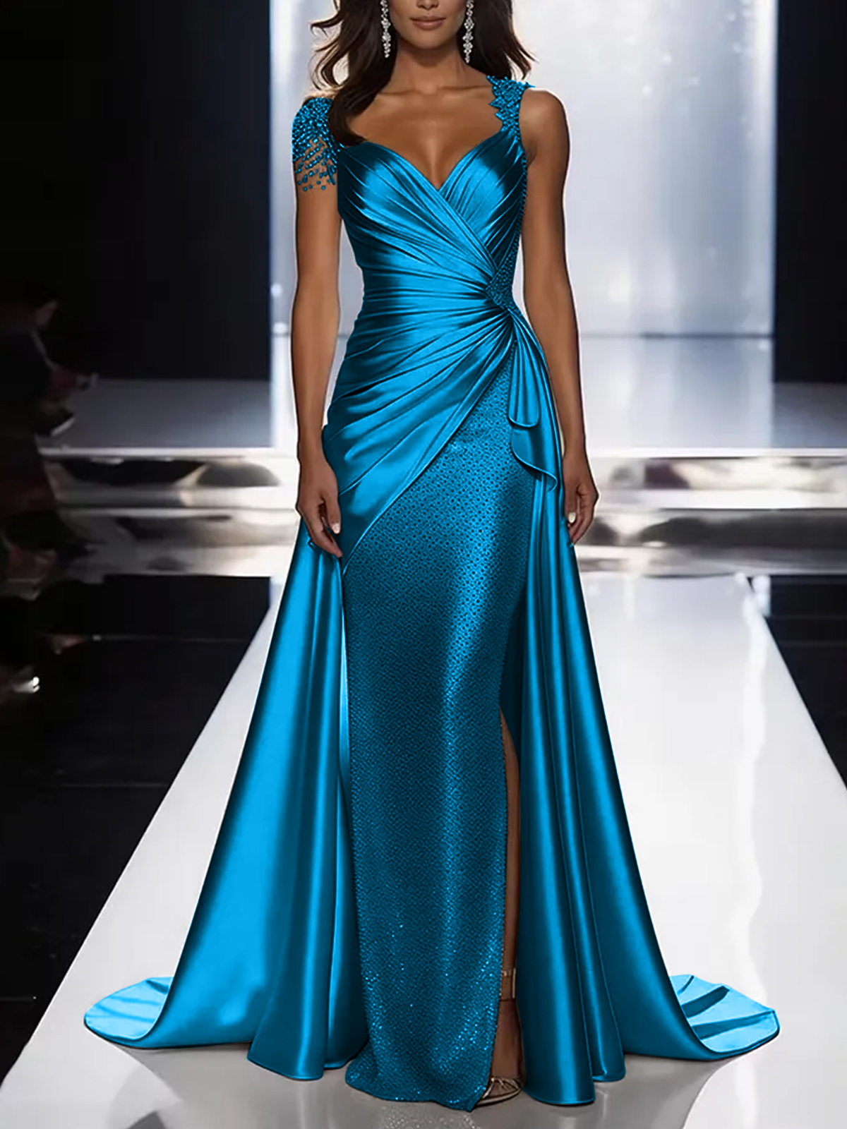 Silver Grey Deep V-Neck Draped Satin Metallic Mermaid Maxi Dress