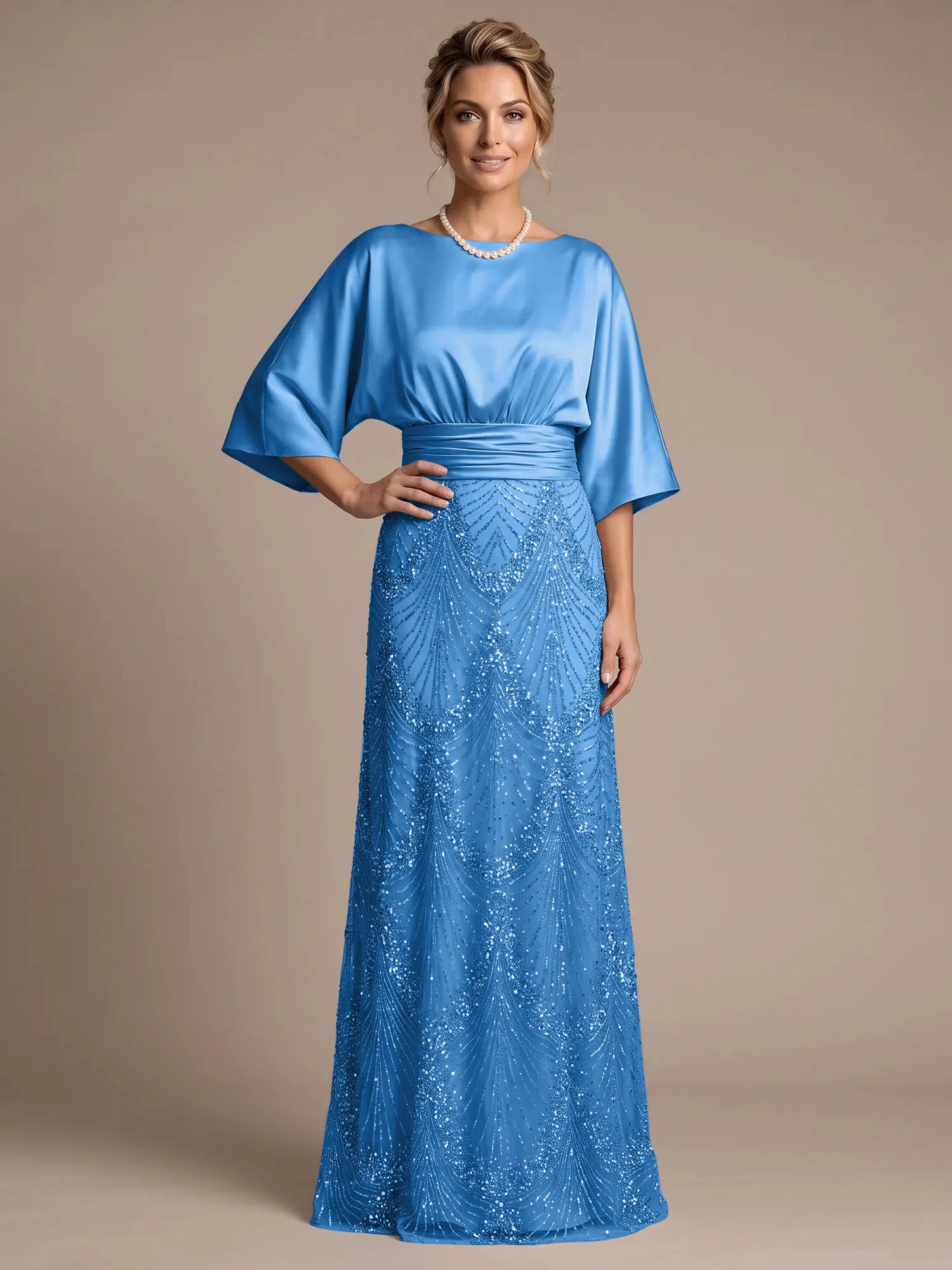 Champagne Bateau Neck Satin 3/4 Batwing Sleeves Maxi Dress
