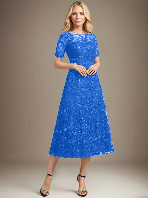 A-line Scoop Illusion Tea-Length Lace Mother of the Bride Dress With Sequins