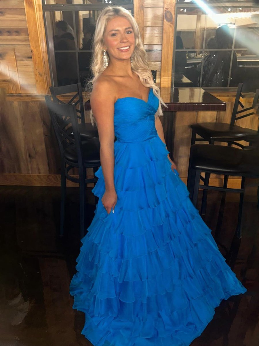 Blue A Line Sweetheart Strapless Chiffon Tiered Prom Dress