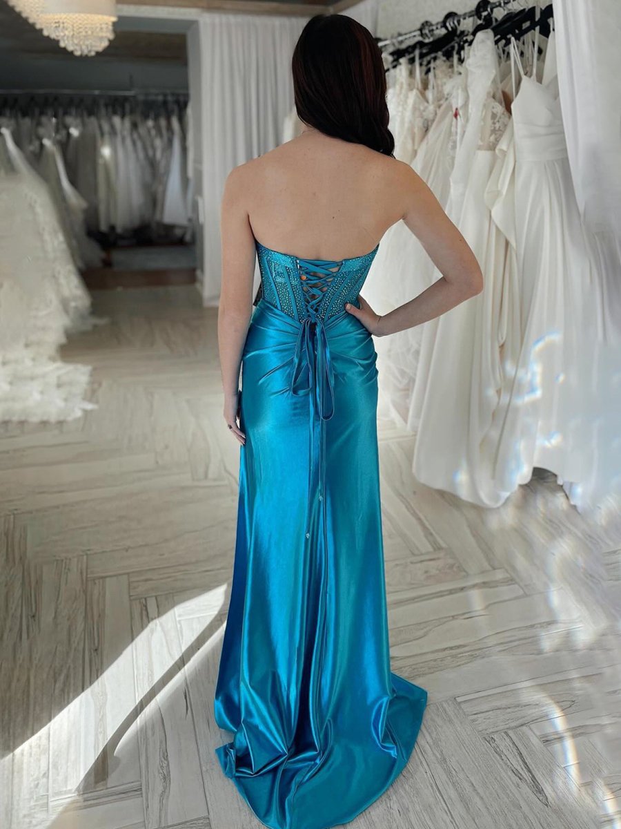 Blue Mermaid Spaghetti Straps Beaded Sweetheart Long Prom Dress with Slit