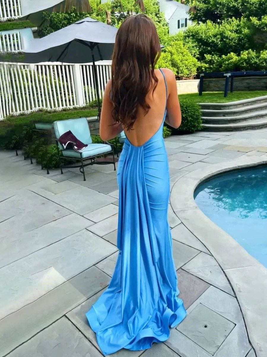 Blue Mermaid Spaghetti Straps Satin Backless Long Prom Dress